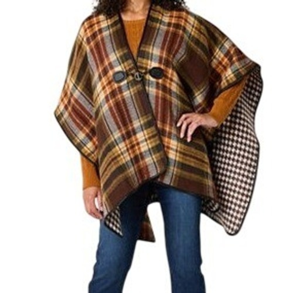 Liz Claiborne Reversible Poncho Cape Brown OS Plaid Houndstooth Fall Winter Boho